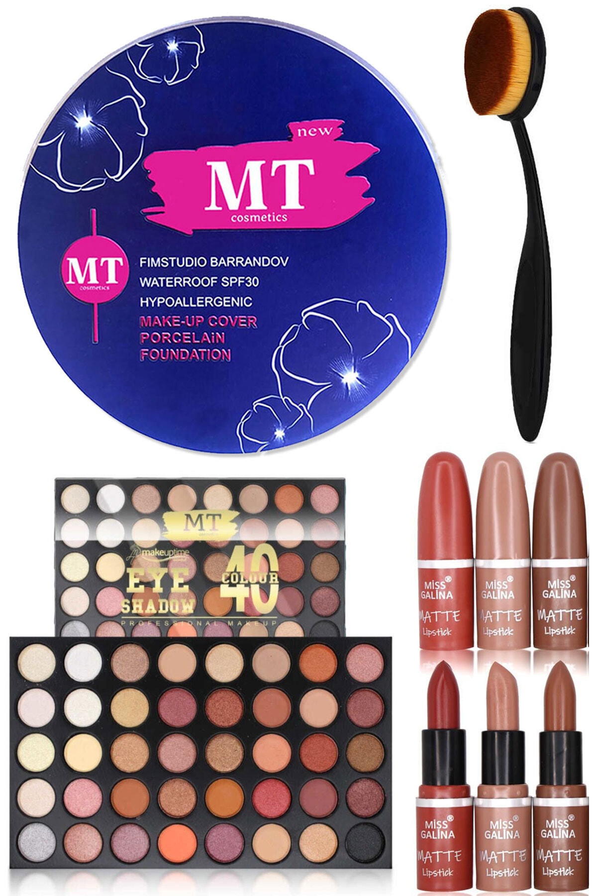 Makeuptime Porselen Fondöten 40'lı Far Paleti Mat Ruj Ve Kaşık Fırça Makyaj Seti