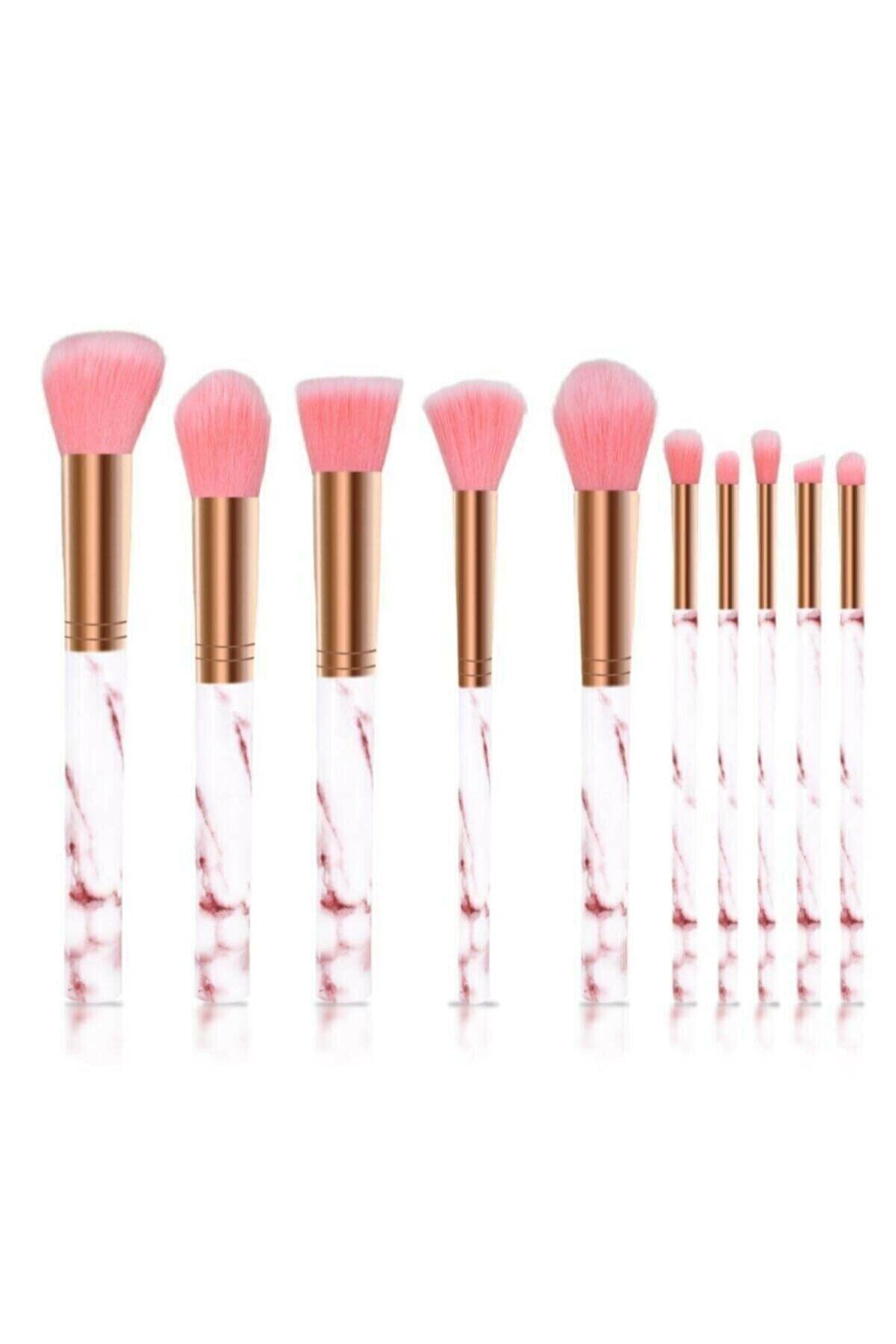 AİLY COSMETİCS Aily 10'lu Mermer Desenli Makyaj Fırça Seti Pembe Uçlu