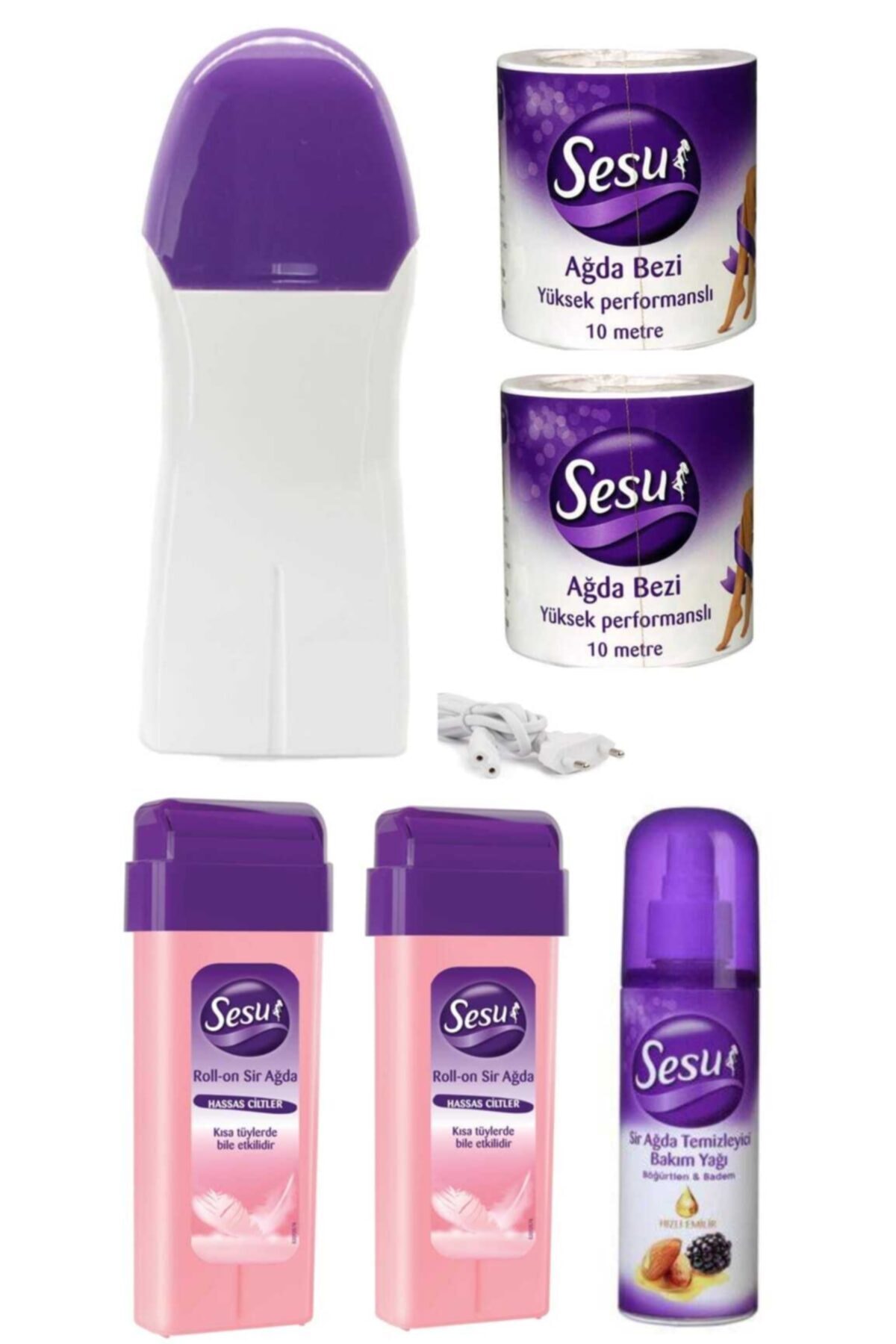 Sesu Kartuş Roll-on Hassas Cilt Pudralı Ağda Makinesi 2 Adet 10m Ağda Bezi Temizlik Yağı Ağda Seti
