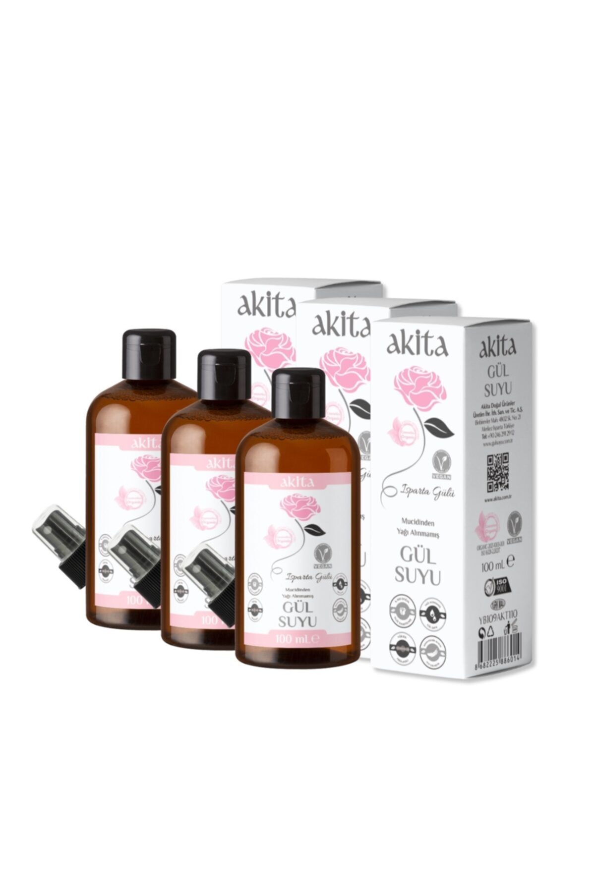 Akita % 100 Doğal Yağı Alınmamış Gül Suyu Cam Şişe 3x100ml