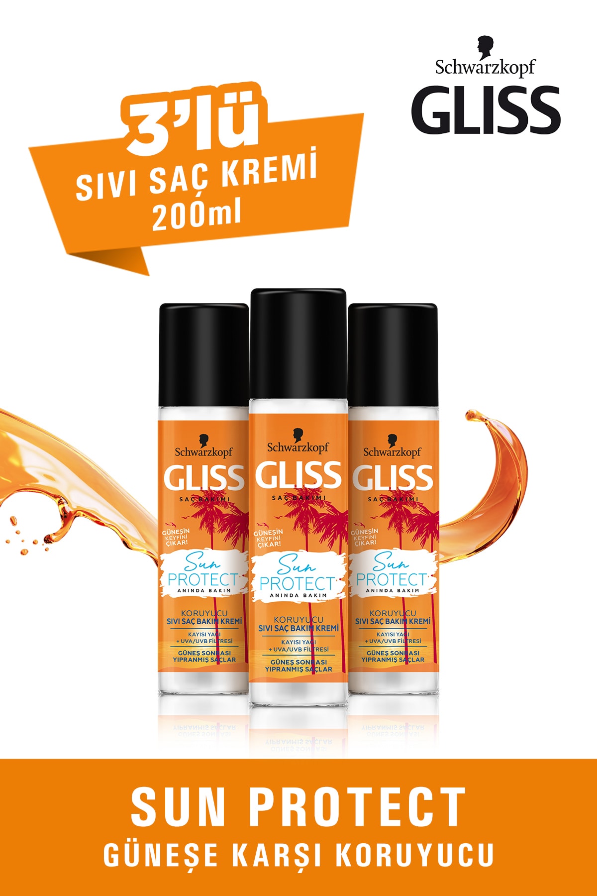 Gliss Sun Protect Güneşe Karşı Koruyucu Durulanmayan Sıvı Saç Kremi 200 ML 3'lü