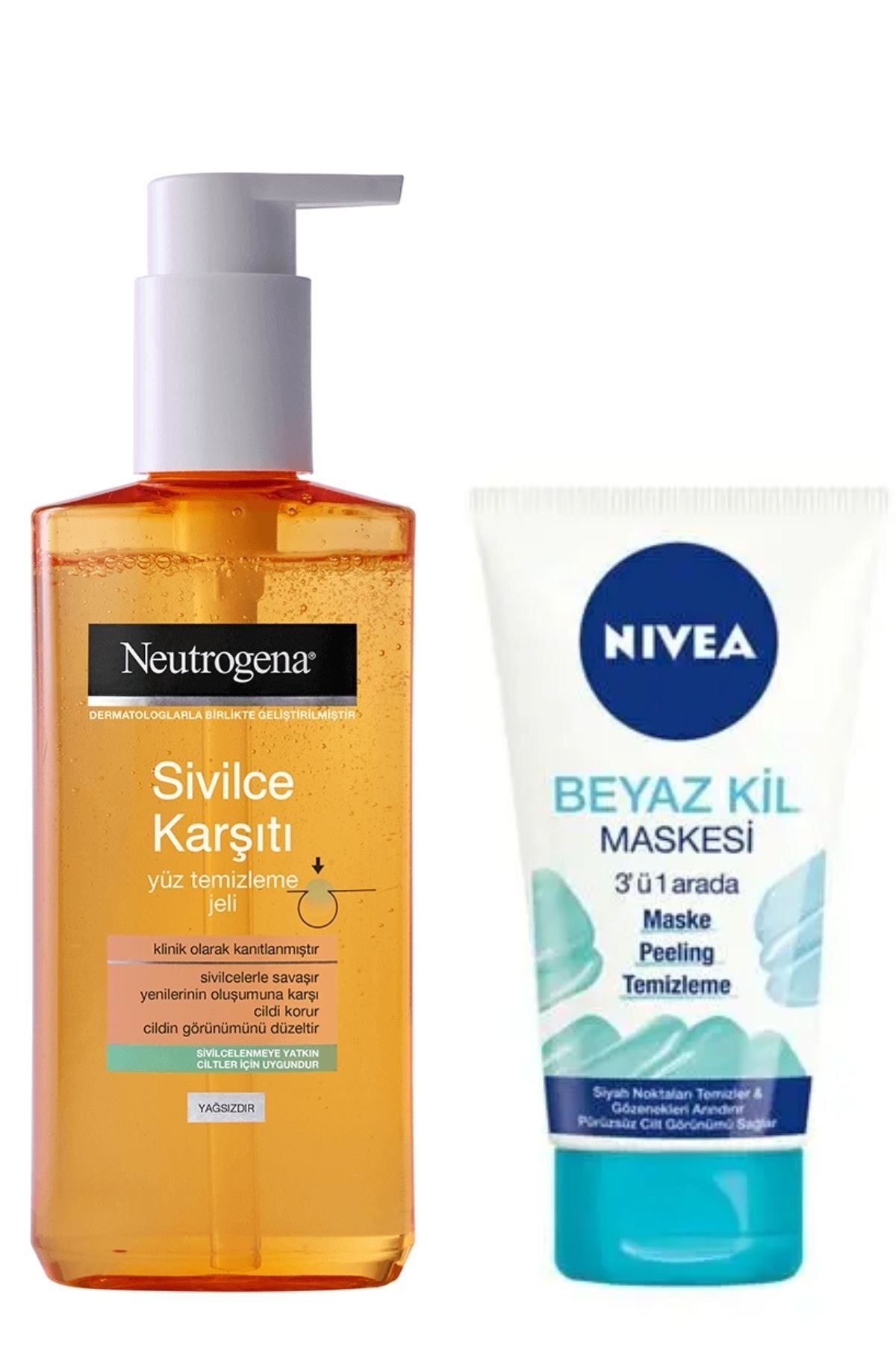 Neutrogena Sivilce Karşıtı Yüz Temizleme Jeli 200 Ml & Nivea Beyaz Kil Maskesi 3'ü1 Arada Maske150 Ml
