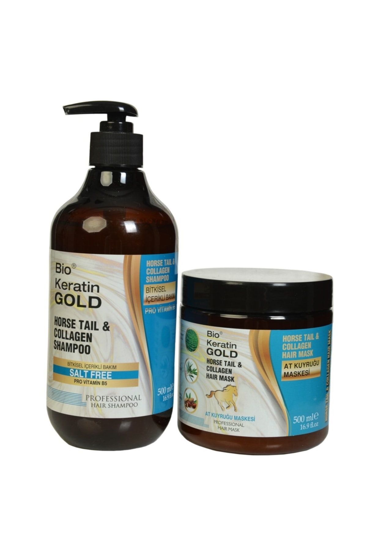 Bio Keratin Gold At Kuyruğu Bitki Özlü Tuzsuz Şampuan 500 Ml + At Kuyruğu Bitki Özlü Saç Bakım Maskesi 500 Ml
