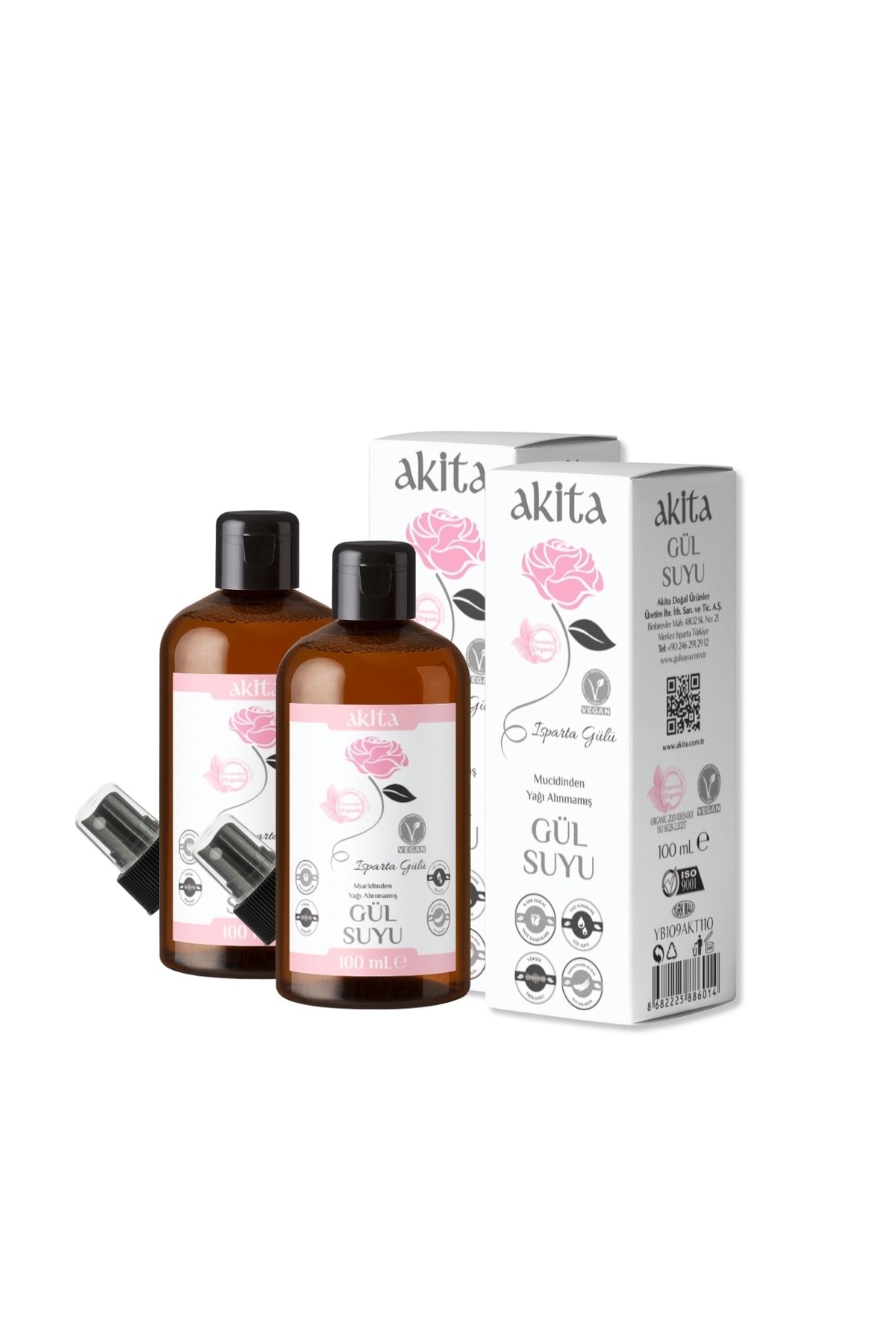 Akita % 100 Doğal Yağı Alınmamış Gül Suyu Cam Şişe 2x100ml