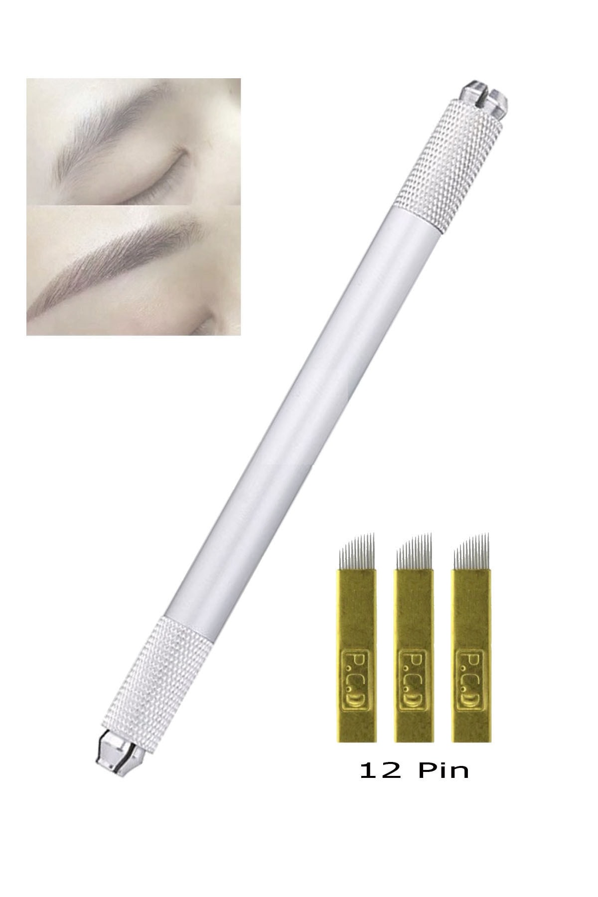 SYS Çift Taraflı Kullanılabilen Çelik Microblading Kalemi Ve 3 Adet 12 Pin Iğne Birlikte