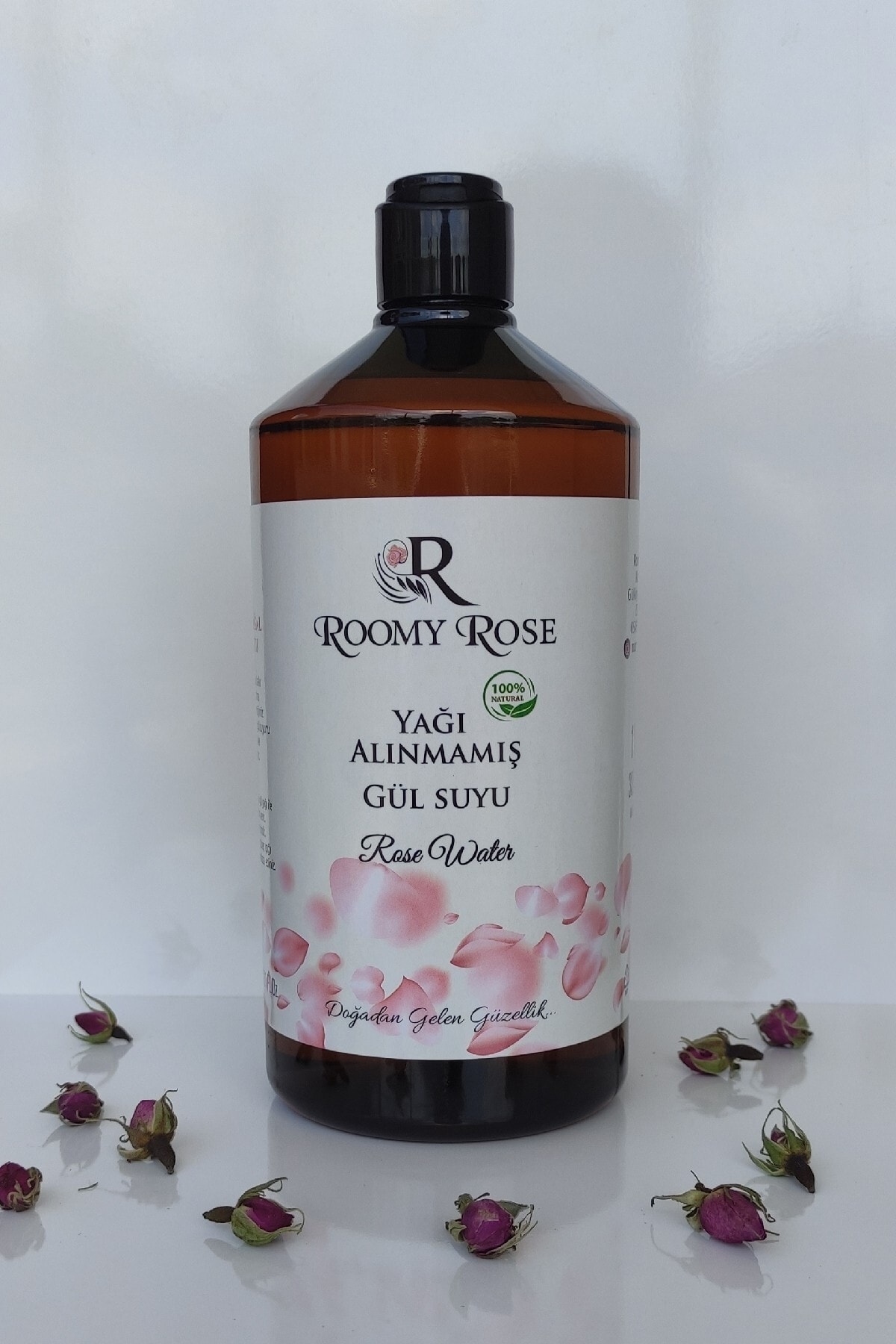 Roomyrose %100 Doğal Gül Suyu Yağı Alınmamış Fliptop Kapaklı 1000 ml (YAĞLI GÜL SUYU)