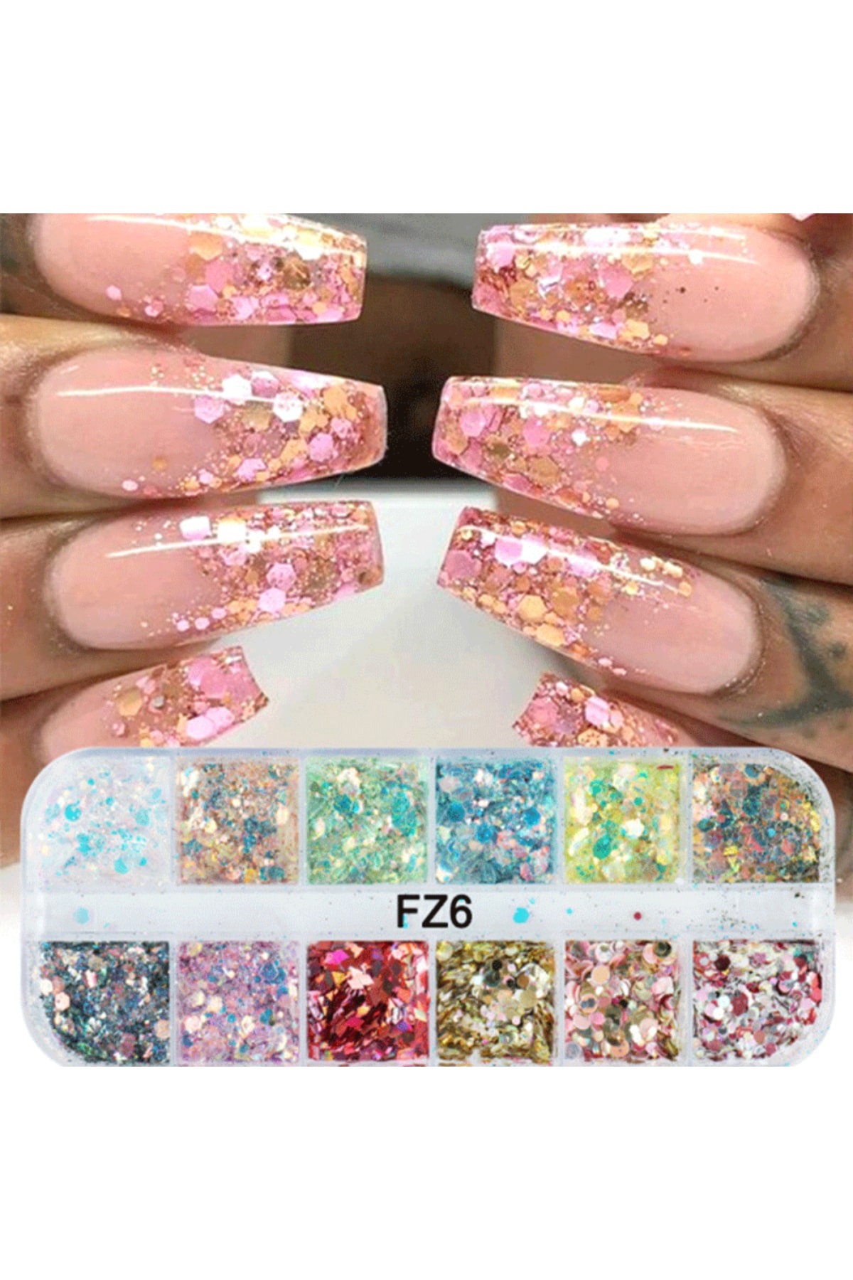 Beauty Box 12'li Glitter Set Nail Art Resin Art Tırnak Süsleme Kalıcı Oje Protez Tırnak Süsleme Göz Makyajı