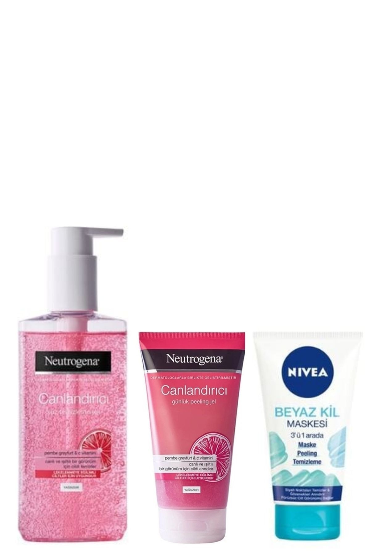 Neutrogena Canlandırıcı Yüz Tem. Jeli 200ml&visibly Clear Pembe Peeling Jel 150ml&nivea Beyaz Kil Maskesi 150ml