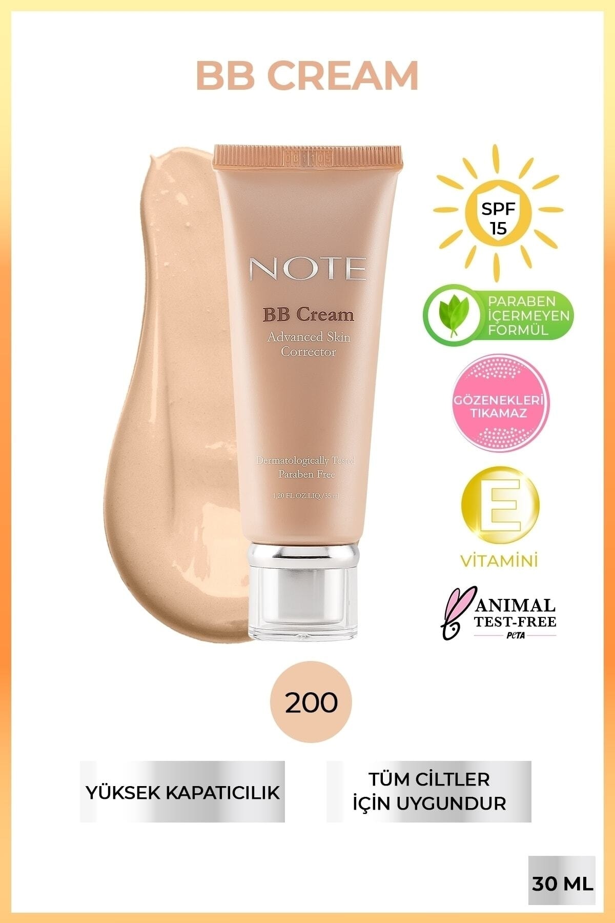 NOTE BB Cream SPF 15 Nemlendirici Etkili Yoğun Kapatıcı BB Krem - 200 Soft Ivory