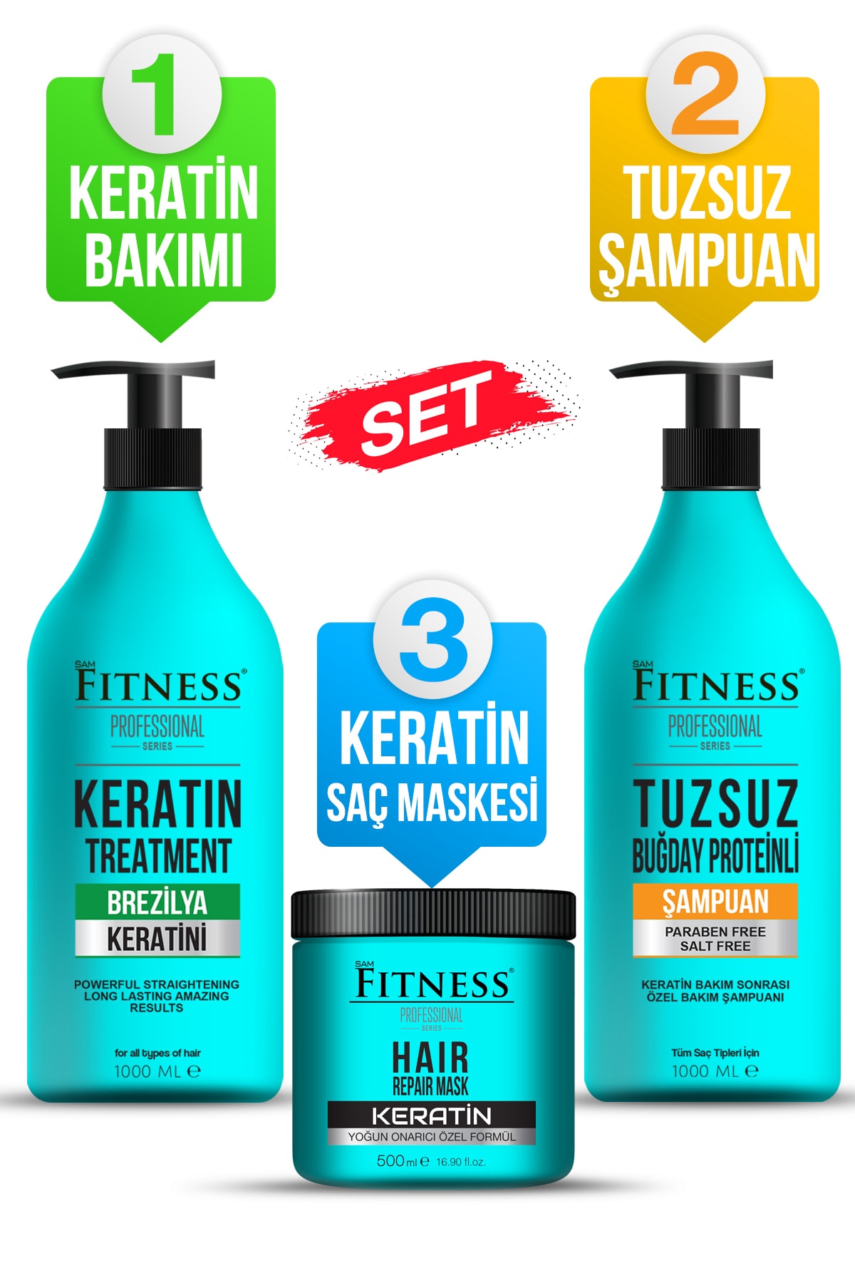 Fitness Professional Brezilya Fönü Keratin Bakımı Saç Düzleştirici & Parabensiz Tuzsuz Şampuan & Onarıcı Keratin Maskesi