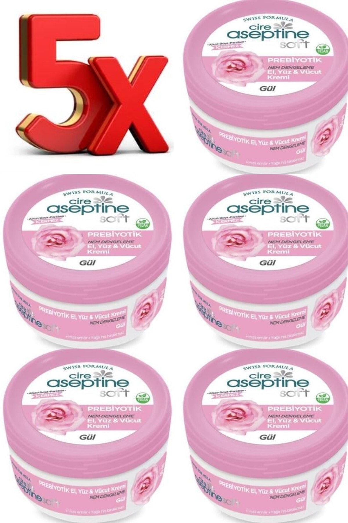 CIRE ASEPTINE Soft Gül Özlü Prebiyotik El, Yüz & Vücut Nem Dengeleyici Bakım Kremi 30 Ml X 5 Adet