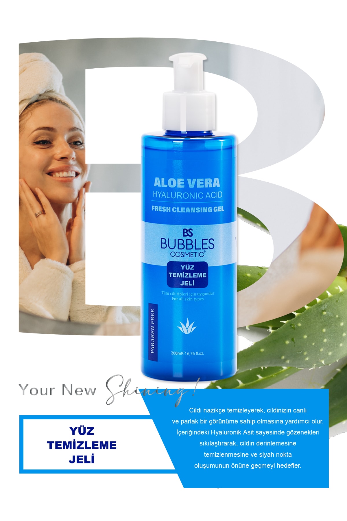 bs bubbles cosmetic Aloe Vera Siyah Nokta Akne Arındırıcı Sebum Dengeleyici Yüz Temizleme Jeli 200 ml