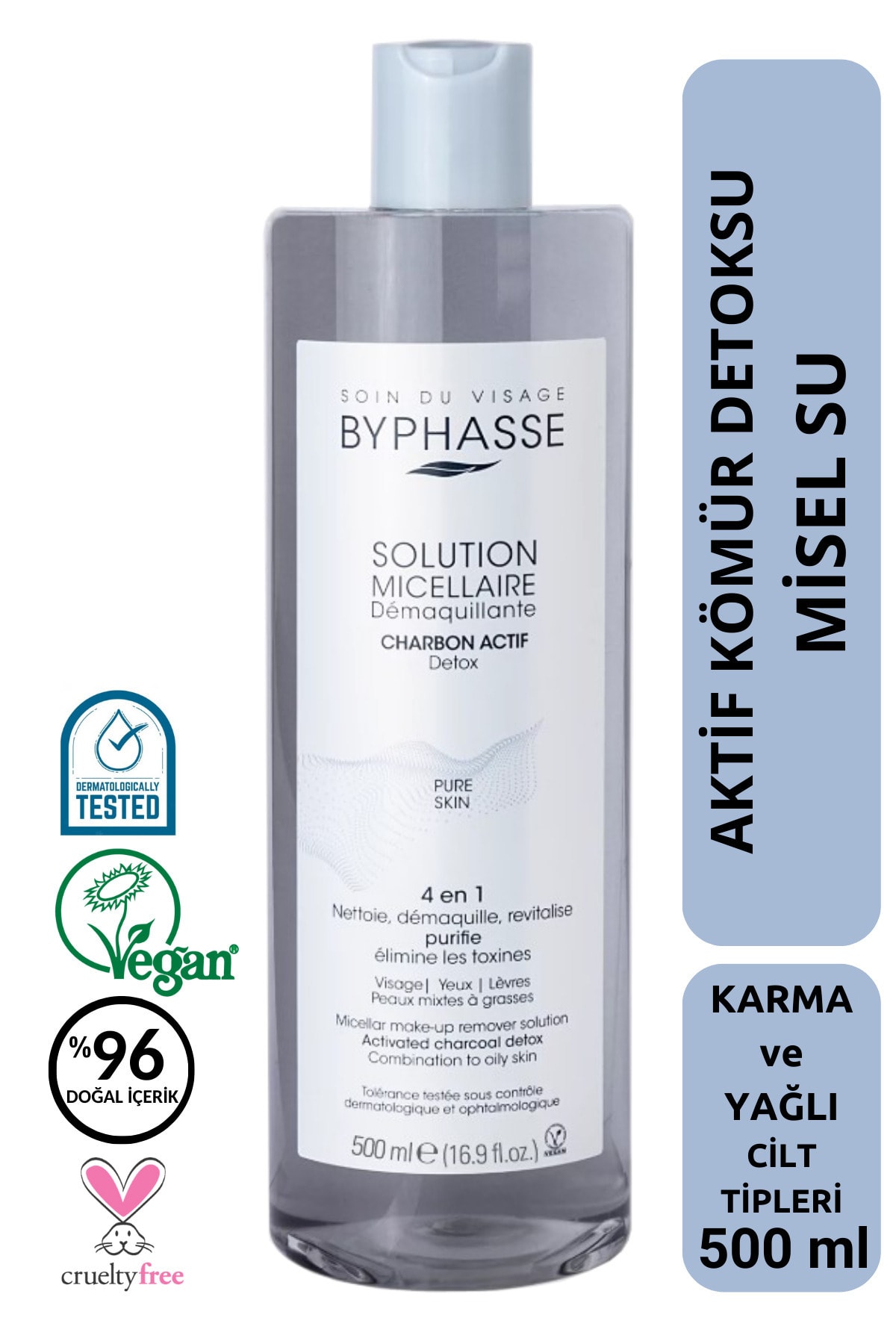 BYPHASSE Micellar Yüz ve Makyaj Temizleyici Aktif Kömür Misel Su Karma ve Yağlı Ciltler 500ml
