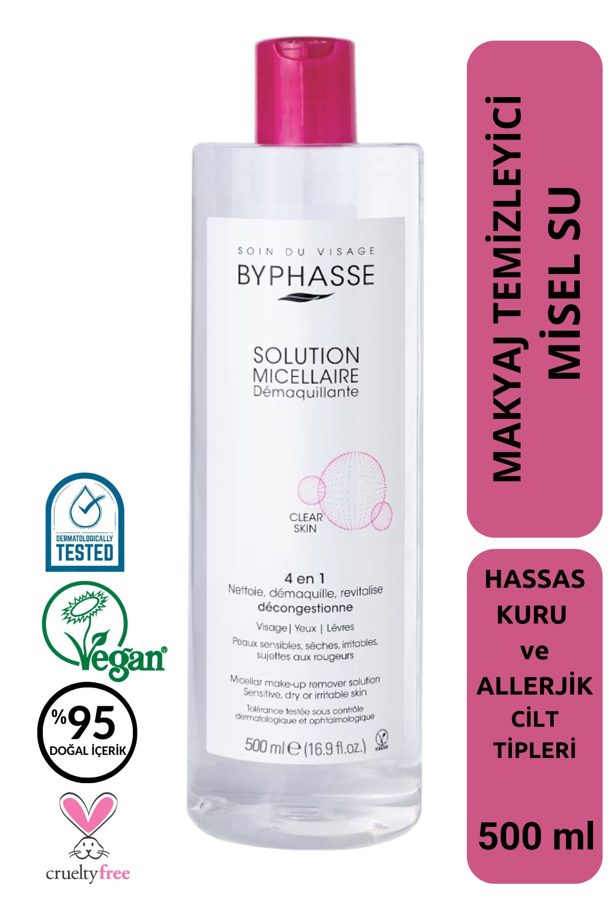 BYPHASSE Micellar Yüz ve Makyaj Temizleyici Misel Su Kuru,Hassas ve Allerjiye Meyilli Ciltler 500ml