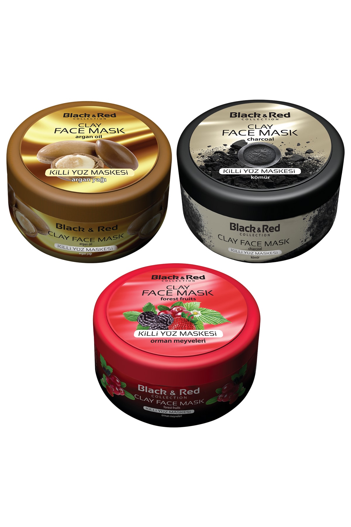 Black Red Doğal Kil Maskesi Argan, Kömür, Orman Meyveli 400 gr x 3