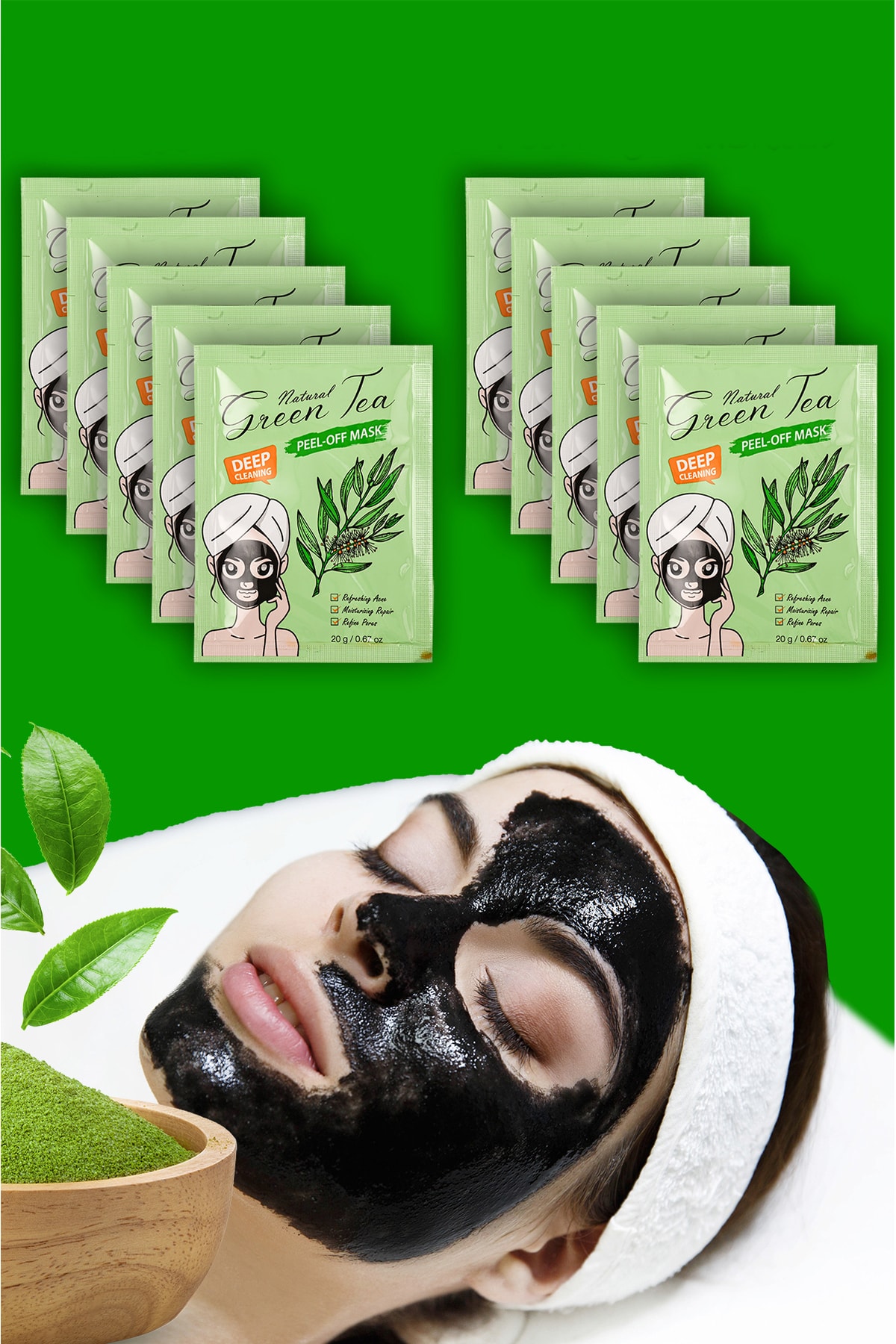 Uniquem 10 Adet Siyah Nokta Maskesi Doğal Yeşil Çay Kürü Sürülebilir Yüz Maskesi Green Tea Cure Xlm717