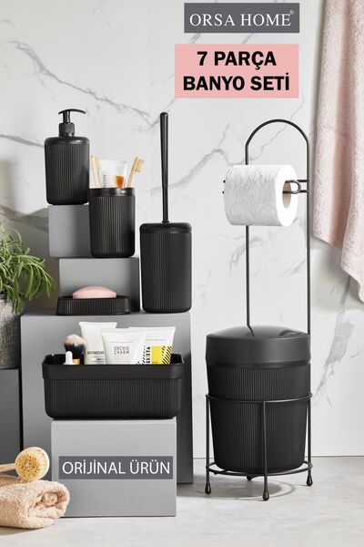 Fenomen Seçimi ORSA HOME 7 Parça Siyah Banyo Seti Metal Stantlı Kovalı Wc Kağıtlık Kozmetik Kutusu Diş Fırçalık Ve Sabunlukla