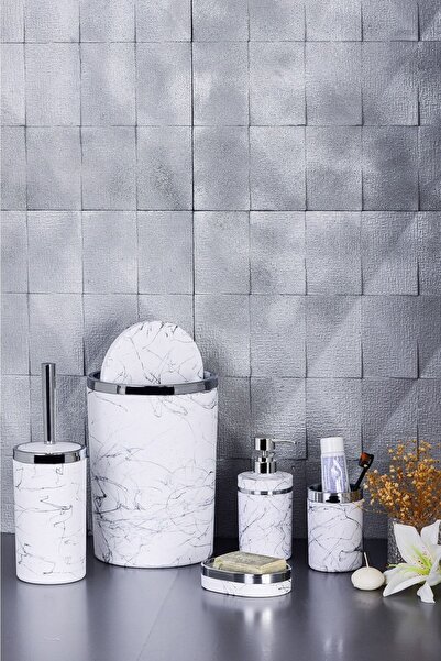 Trend Banyo Mutfak 5 Parça Mermer Desen Mat Banyo Seti / Wc Fırçalık, Sıvı - Katı Sabunluk, Çöp Kovası, Diş Fırçalık 🧡