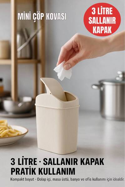 Open Home Concept Mini Çöp Kovası, Mutfak, Banyo, Tuvalet, Ofis Çöp Kutusu Krem 🚛