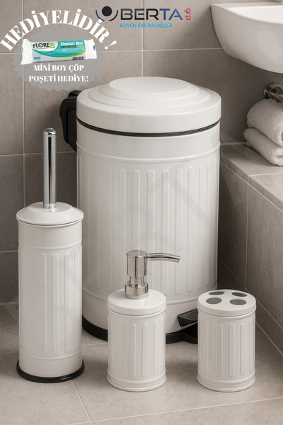 Birlikte Al Kazan Berta Hijyen Vintage Dörtlü Beyaz Banyo Seti Çöp Kovası Tuvalet Fırçası Diş Fırçalık Sıvı Sabunluk Metal