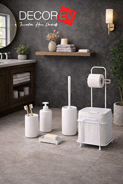 Videolu Ürün Decorev Standlı Beyaz Banyo Aksesuar Seti Tuvalet Fırçası, Banyo Kovası, Sabunluk ve Diş Fırçalık Seti