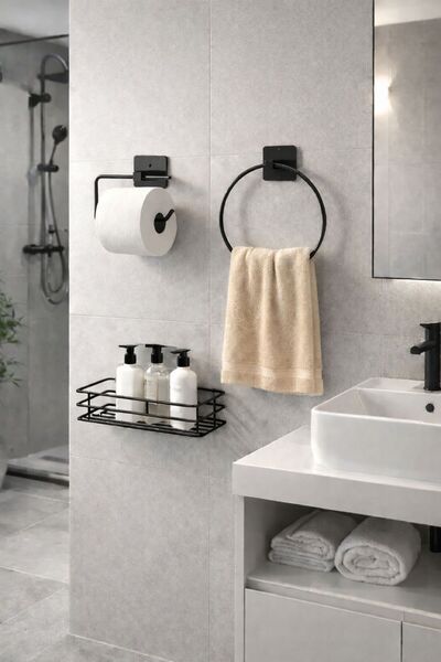 KARTEYA 3'lü Set Yapışkanlı Banyo Düzenleyici Duşakabin Şampuanlık Banyo Rafı WC Kağıtlık ve Havluluk 🚛