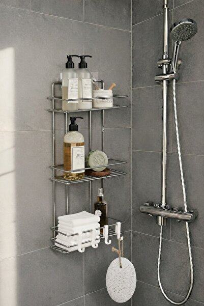 Sas Haus 3 Katlı Krom Yapışkanlı Banyo Rafı, 2 Kancalı Şampuanlık Düzenleyici, Metal Banyo Askısı