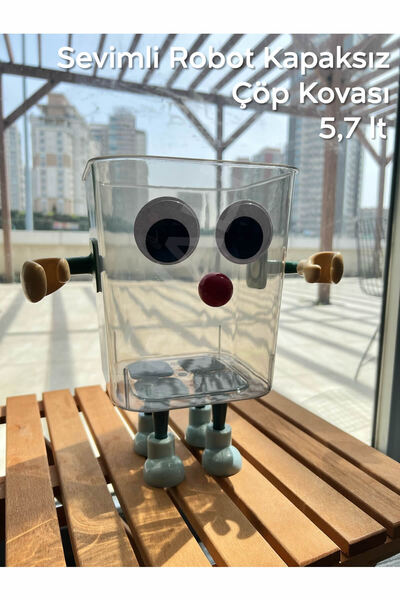 Birlikte Al Kazan ARVALE Sevimli Robot Çöp Kovası Çocuk Oyuncak Saklama Kutusu Stickerlı | Kapaksız 5,7 Litre Antrasit