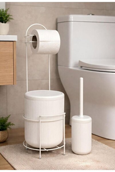Okyanus Home Beyaz Stantlı Wc Kağıtlık LineaYuvarlak Çöp Kovası ve WC Fırça Seti 🚛