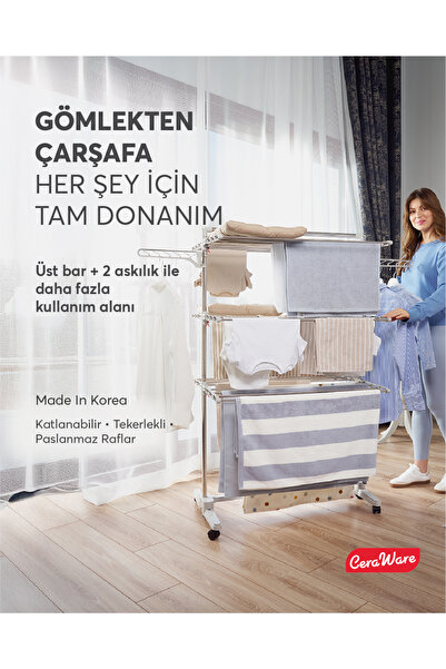 En Çok Ziyaret Edilen 4. Ürün Ceraware Home S3 Premium 3 Katlı Çamaşırlık Made in Korea Tam Katlanır Tekerlekli Çamaşır Kurutmalık