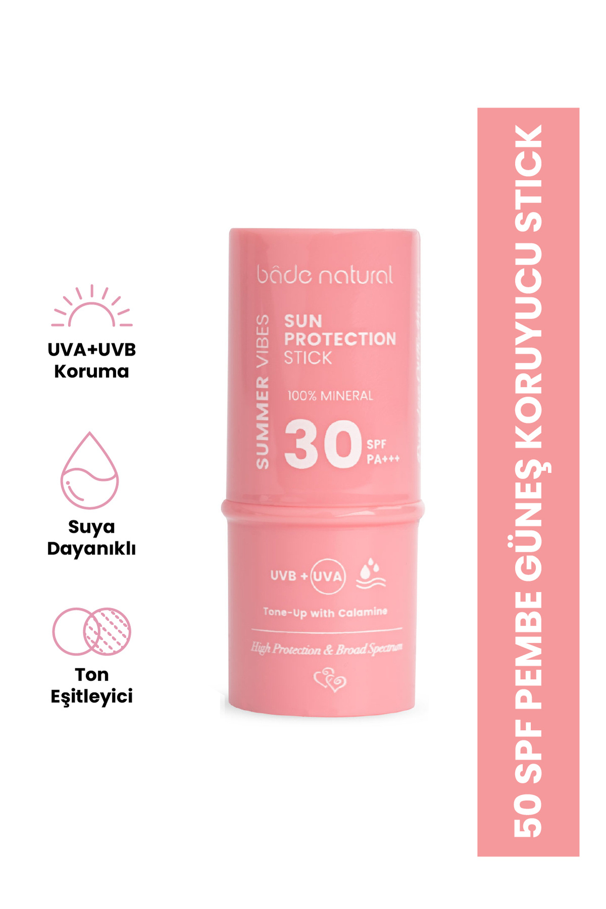 Bade Natural Pembe %100 Mineral Filtreli Ve Doğal Güneş Koruyucu Stick 30 Spf Kalaminli 6g