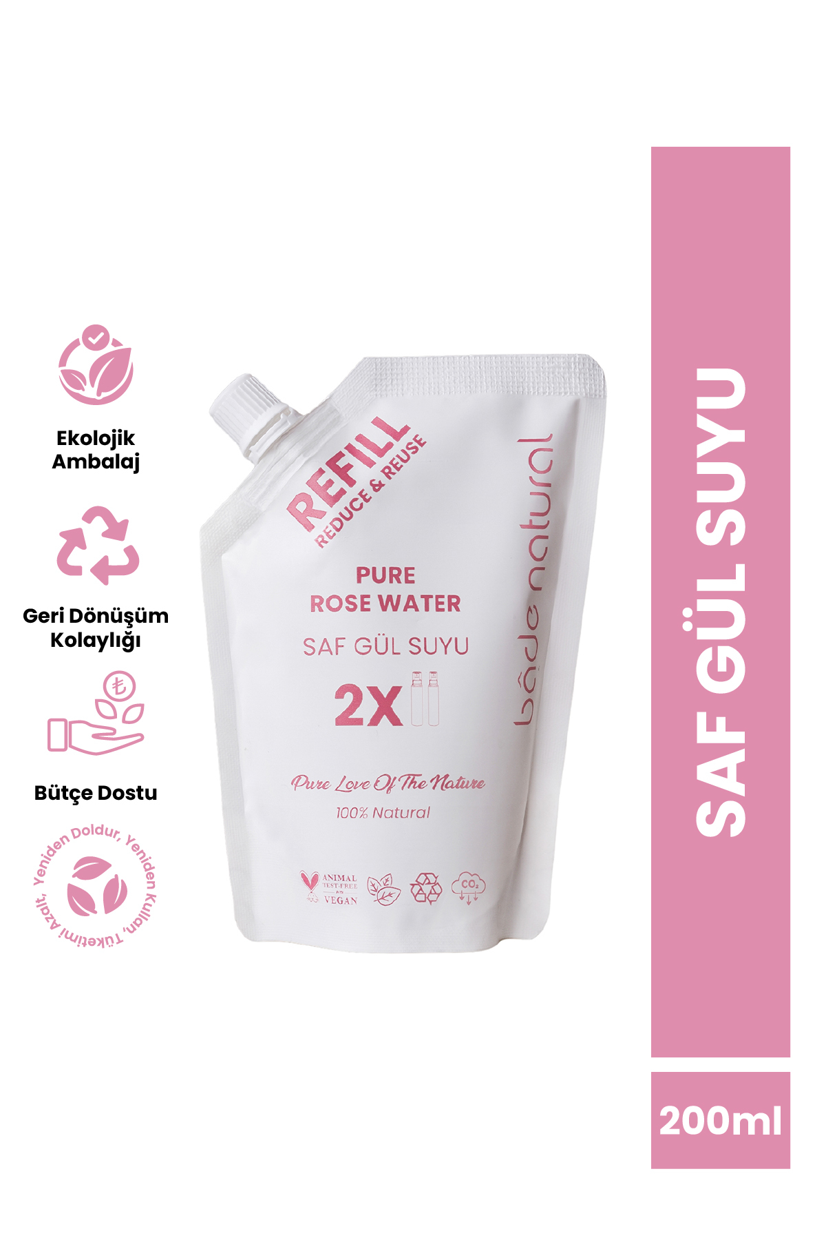 Bade Natural Gül Suyu Gözenek Sıkılaştırıcı Aydınlatıcı Ve Arındırıcı Tonik Refill 200 Ml %100 Doğal Ve Saf