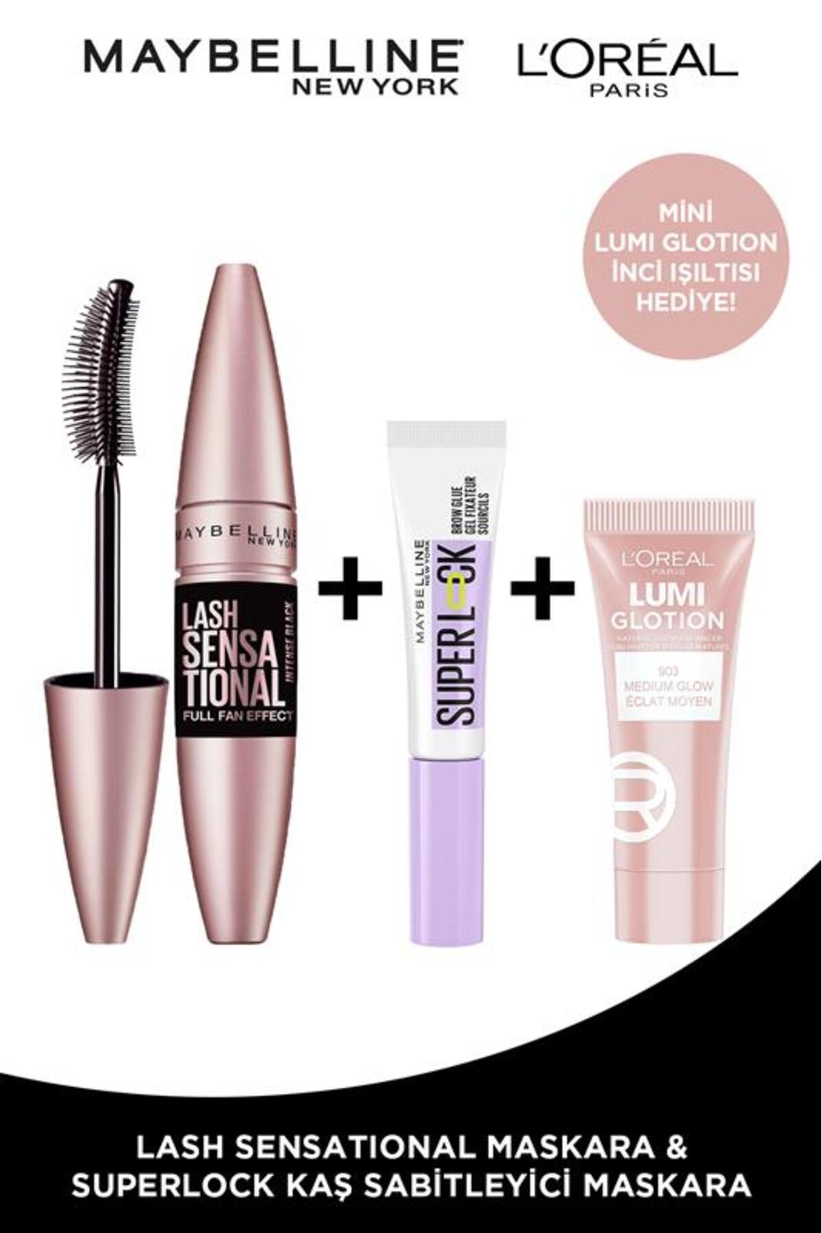 Maybelline New York Lash Sensational Maskara & Super Lock Kaş Sabitleyici & Glotion All-in-one 903 Mini