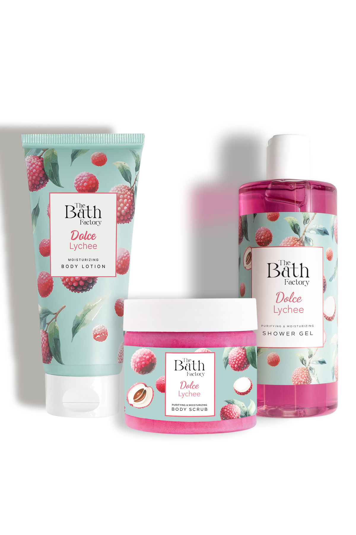 THE BATH FACTORY Liçi Aromalı Duş Jeli + Liçi Aromalı Peeling + Liçi Aromalı Vücut Losyonu