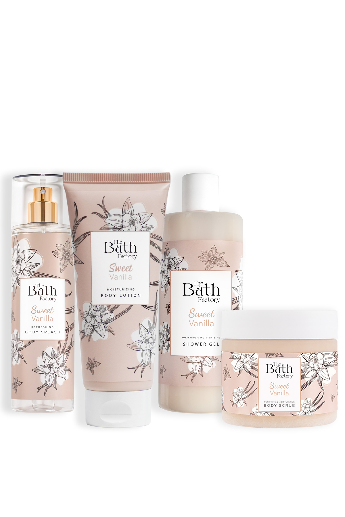 THE BATH FACTORY Sweet Vanilla Duş Jeli + Vücut Peelingi + Vücut Spreyi + Vücut Losyonu