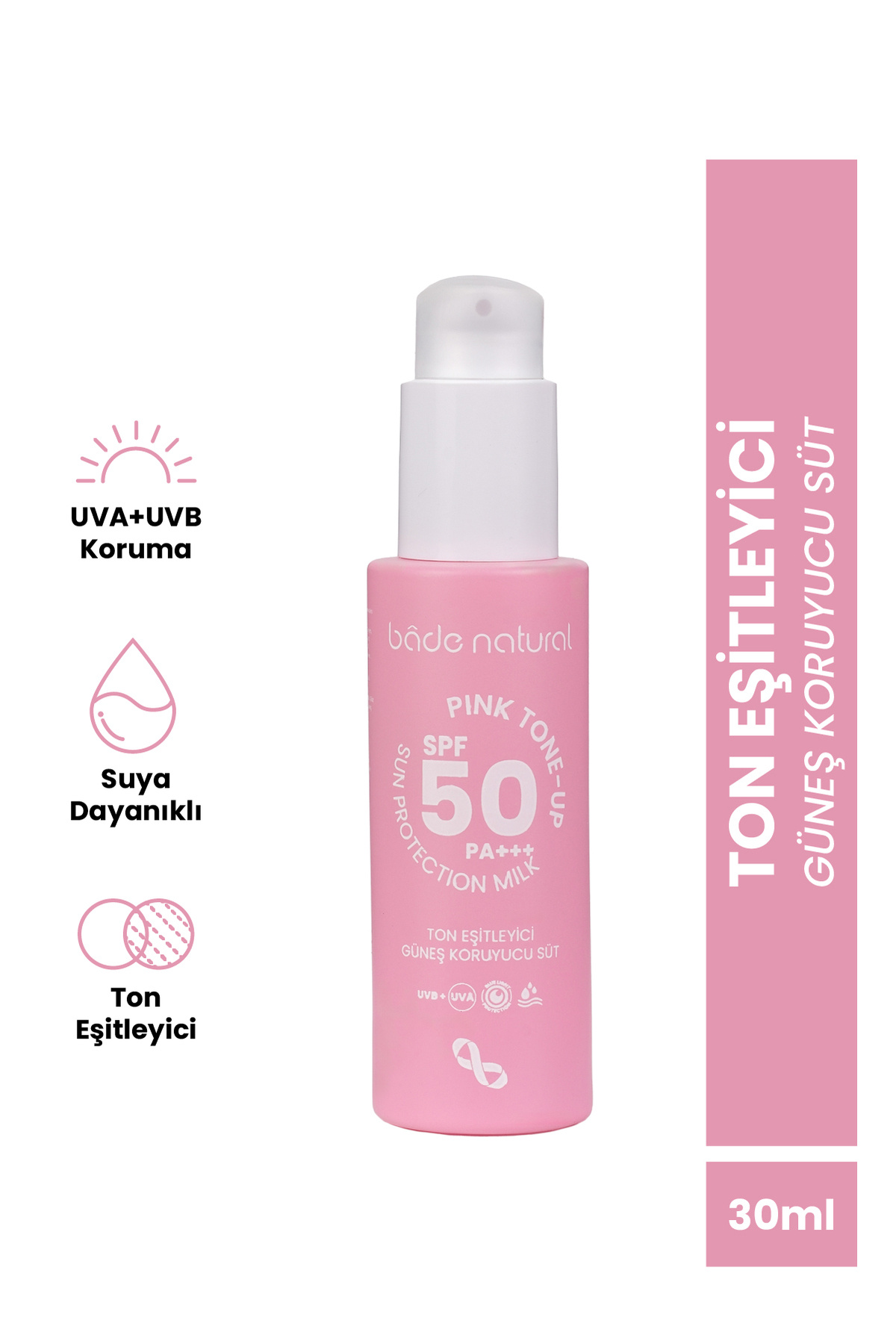 Bade Natural Ton Eşitleyici Ve Aydınlatıcı 50 Spf Pembe Güneş Koruyucu Süt 30 ml