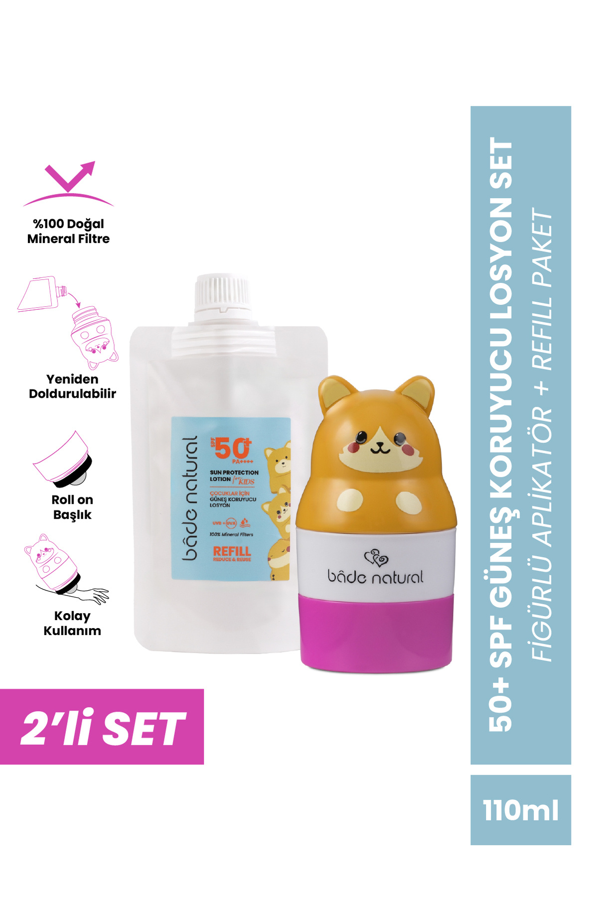 Bade Natural Çocuk Güneş Koruyucu Losyon 50+ SPF %100 Doğal Refill Paket + Kedi Figürlü Aplikatör Set