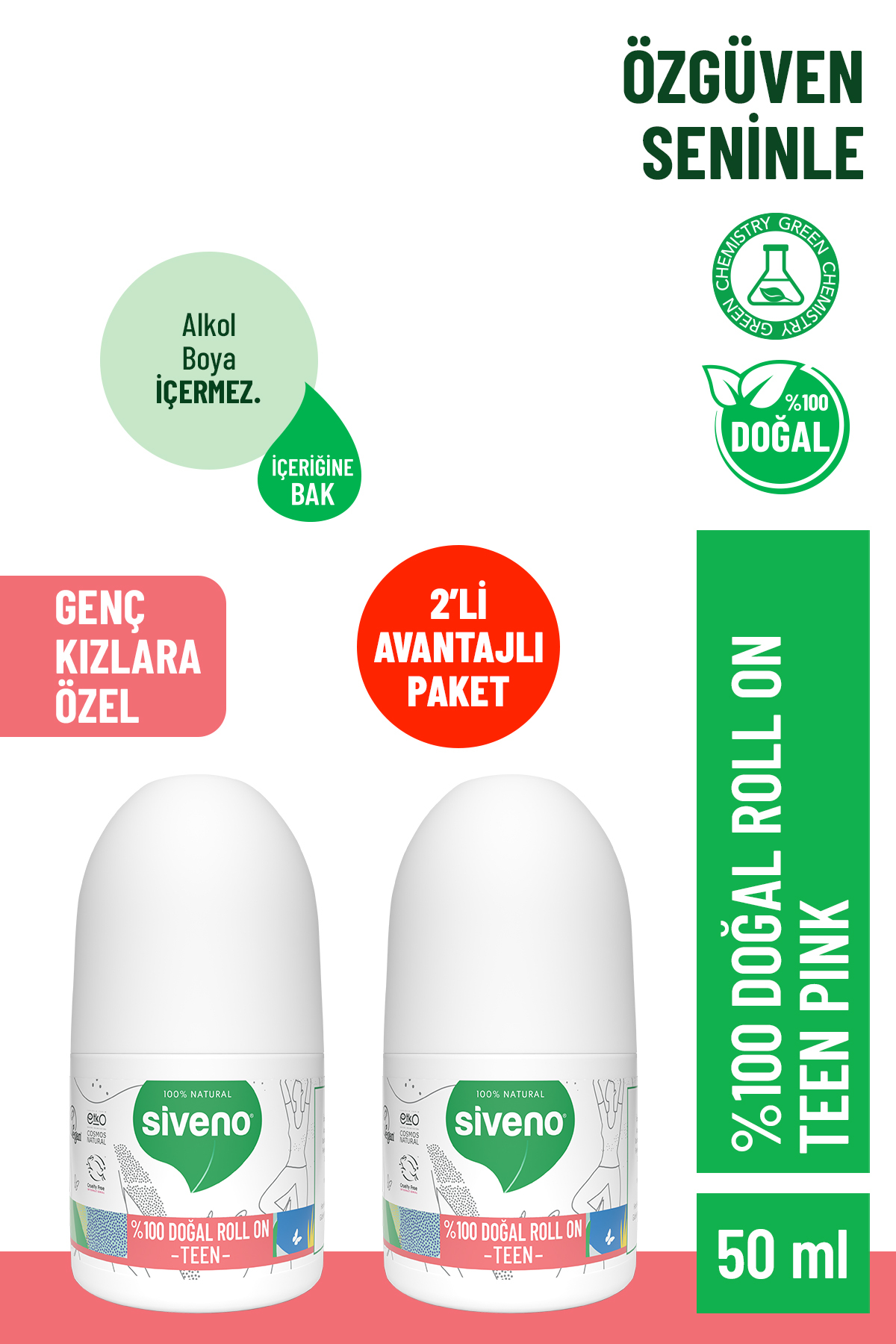 Siveno %100 Doğal Roll-On Teen Girl Genç Kız Deodorant Ter Kokusu Önleyici Bitkisel Lekesiz 50 ml X 2 Adet