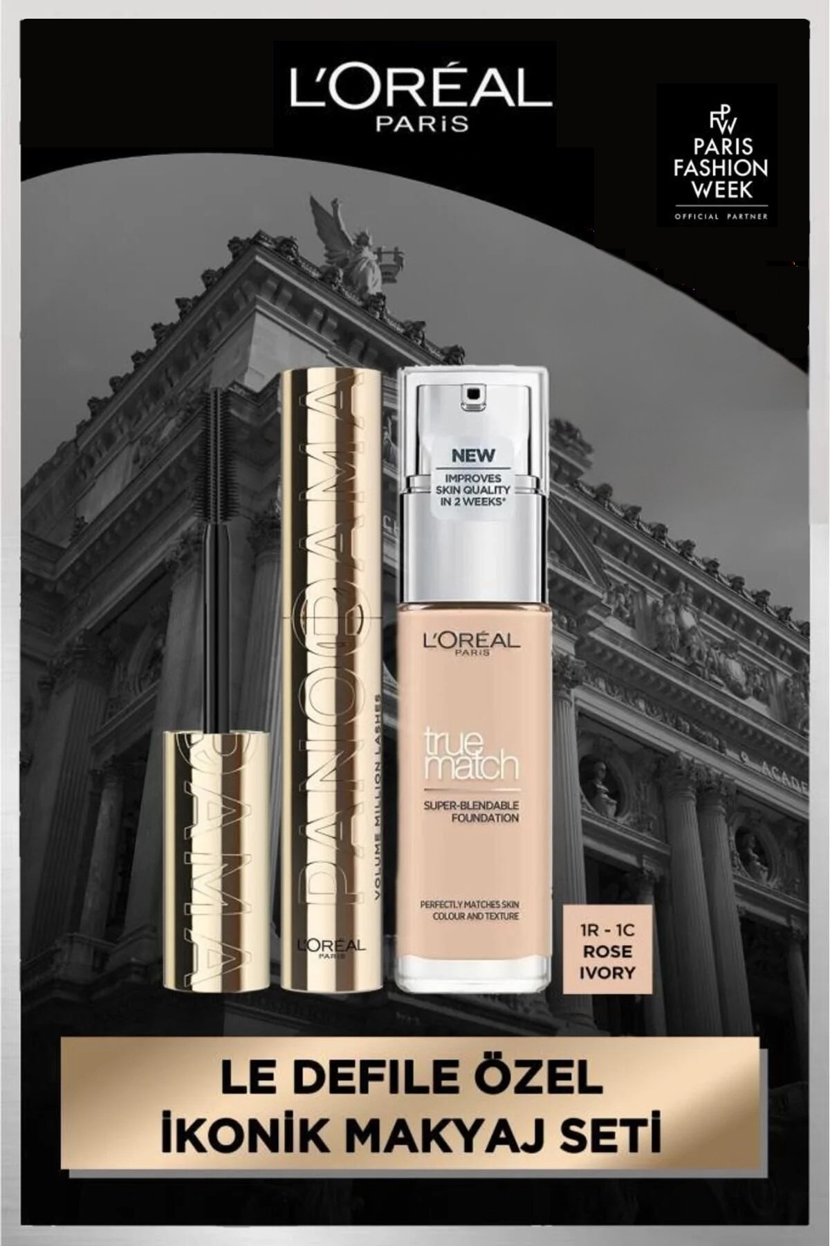 L'Oreal Paris Panorama Maskara & True Match Fondöten 1R-1C Rose Ivory Set