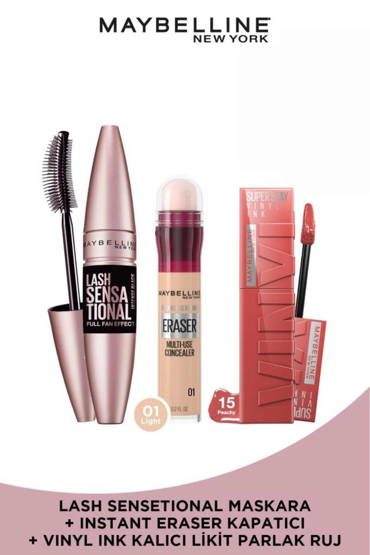 Maybelline New York Lash Sensational Ekstra Siyah Maskara&Instant Age Eraser Kapatıcı 01&Vinyl Ink 15 Ruj