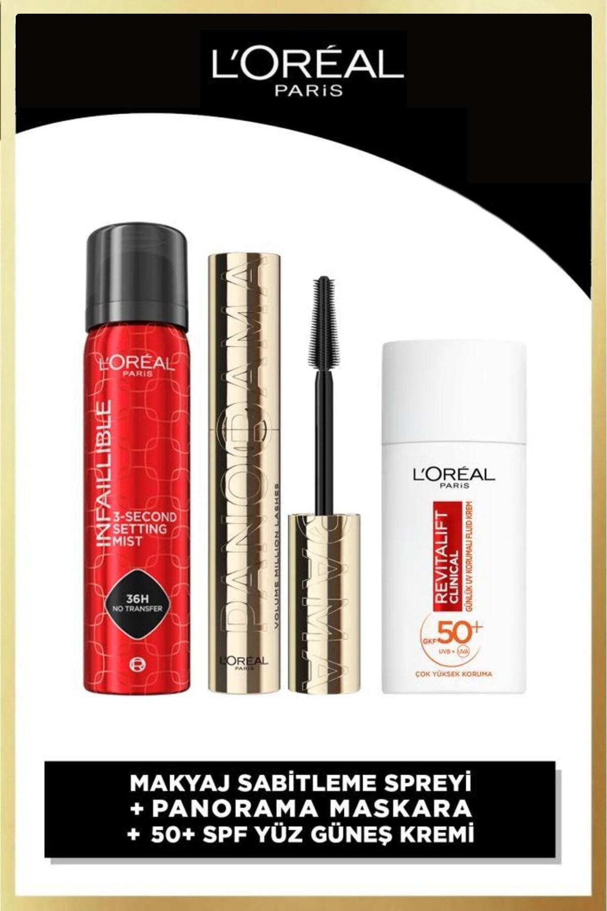 L'Oreal Paris Panorama Hacim Veren Maskara Siyah + Makyaj Sabitleme Spreyi &Revitalift Clinical SPF50+ Güneş Kremi