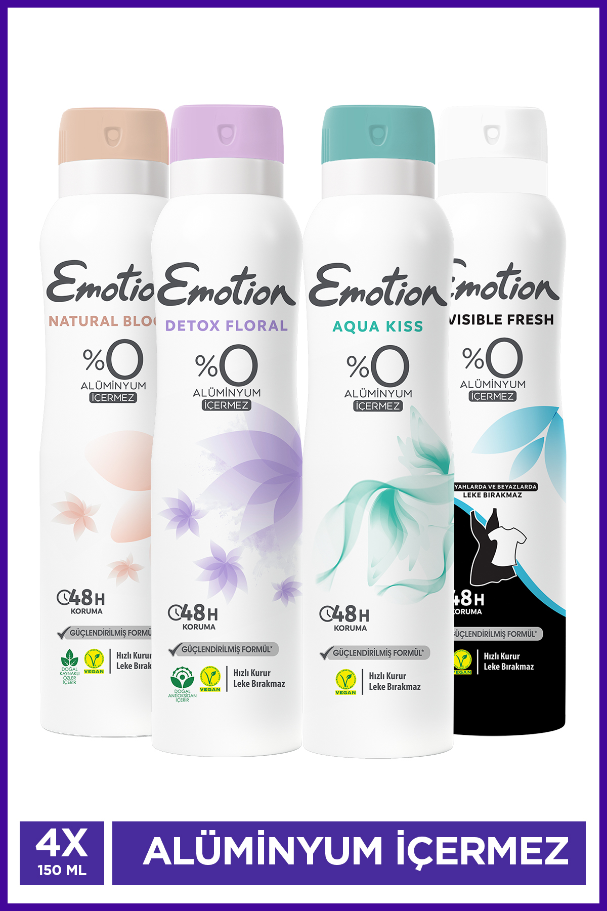 Emotion Kadın Alüminyumsuz Vegan Deodorant 4x150 Ml (Bloom,Floral,Aqua Kiss,Invisible Freh) Leke Bırakmaz