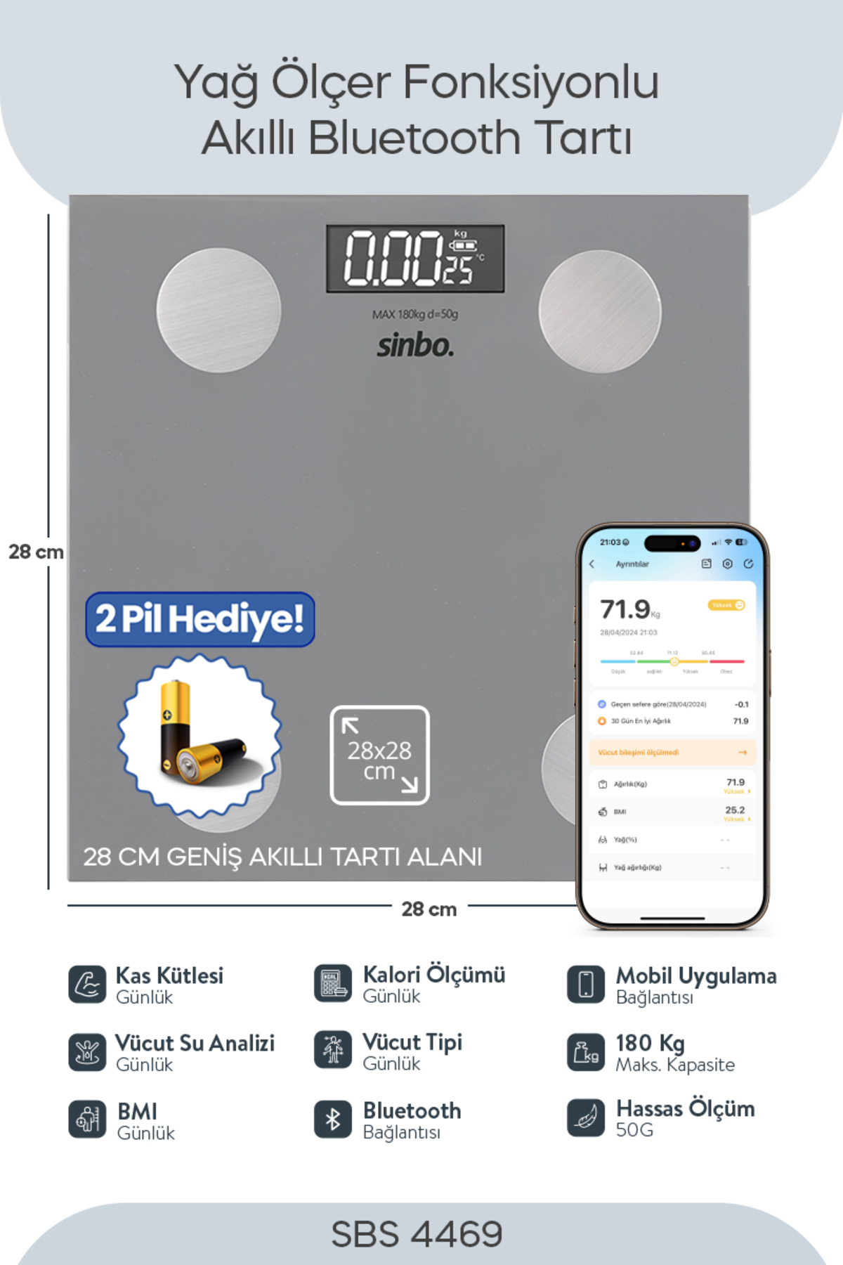 Sinbo SBS-4469 Bluetooth Dijital Yağ Su Kas Vücut Kitle Endeksi Kilo Ölçer Tartı Baskül
