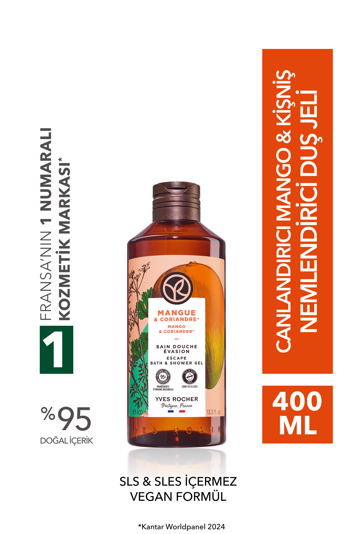 Yves Rocher Duş Jeli - Nemlendirici Canlandırıcı Mango Kişniş-SLS,SLES İçermez,Vegan-400ml
