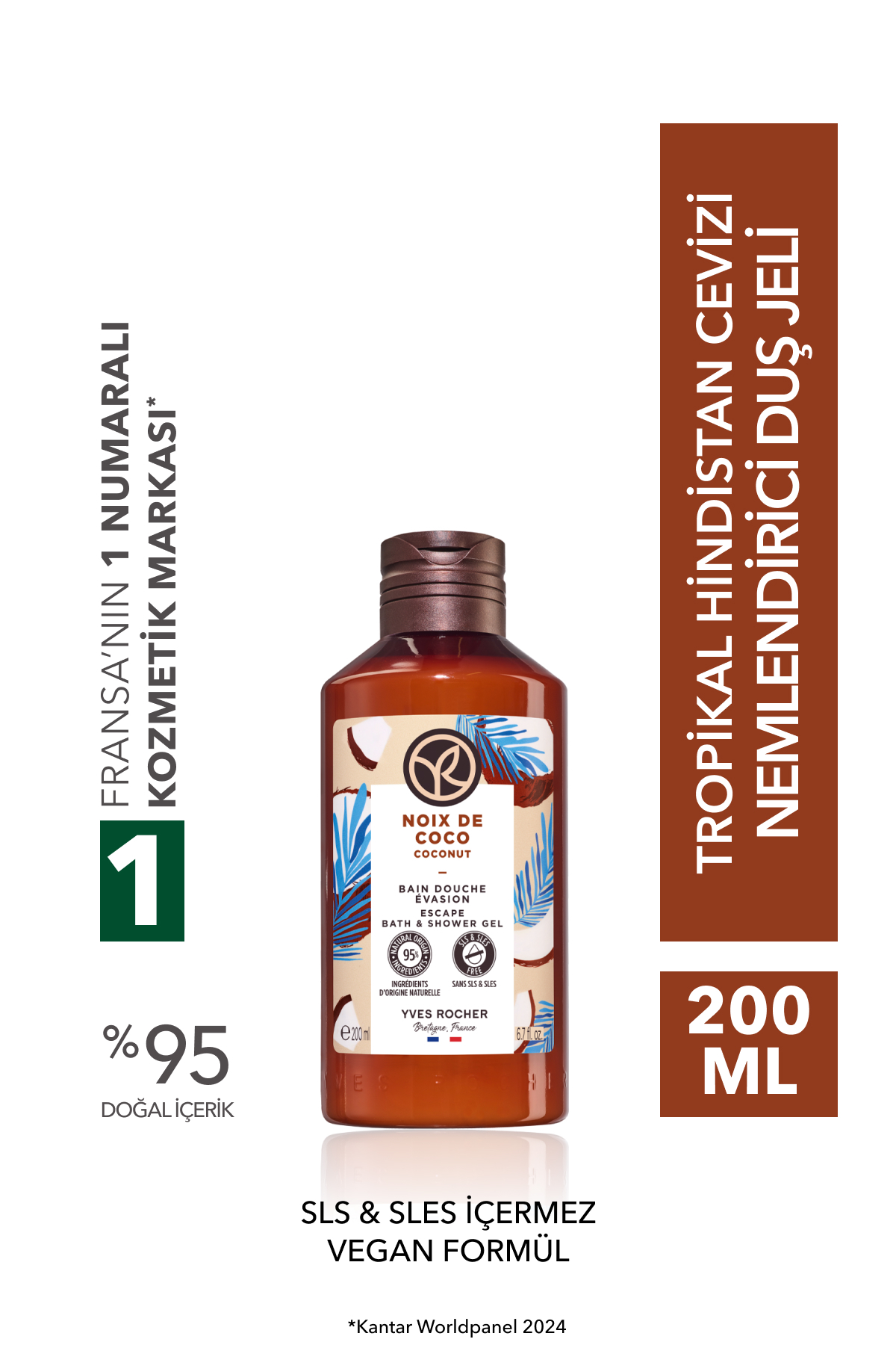 Yves Rocher Duş Jeli - Nemlendirici Tropikal Hindistan Cevizi -SLS,SLES İçermez,Vegan-200ml