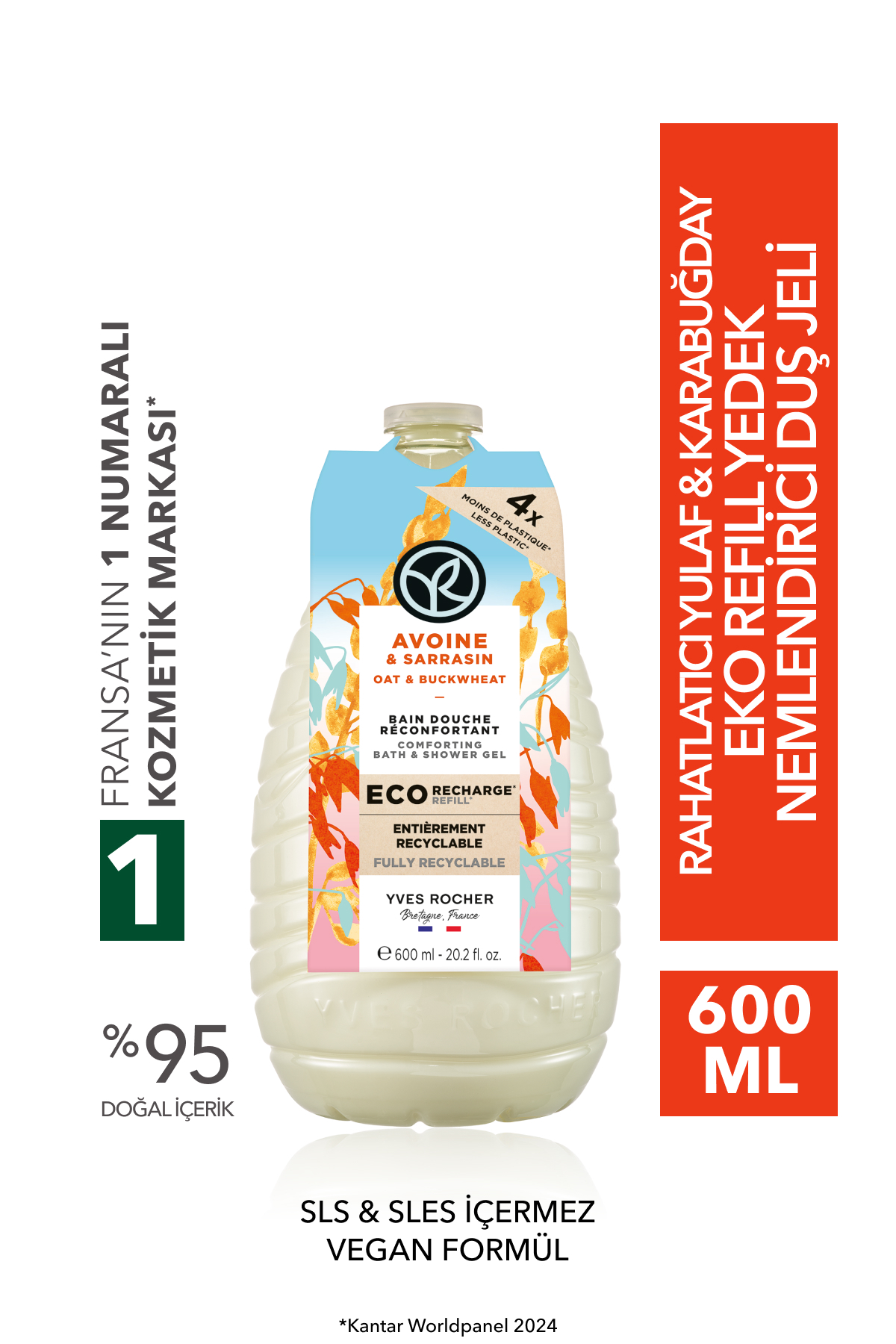 Yves Rocher Eko Refill Yedek Duş Jeli-Nemlendirici Rahatlatıcı Yulaf Karabuğday -SLS,SLES İçermez,Vegan- 600ml