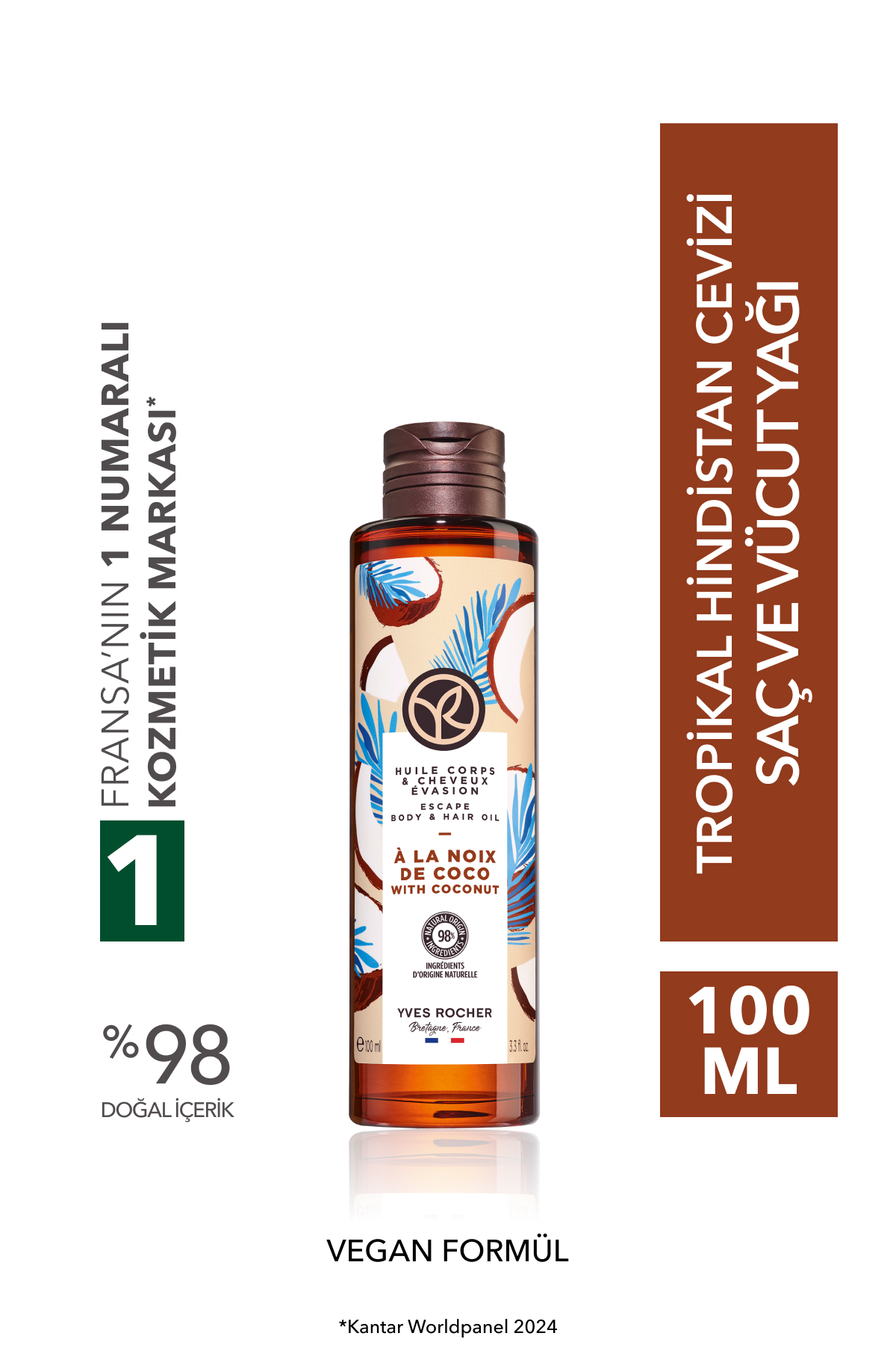 Yves Rocher Saç ve Vücut Yağı - Nemlendirici Besleyici Tropikal Hindistan Cevizi - Vegan-100ml