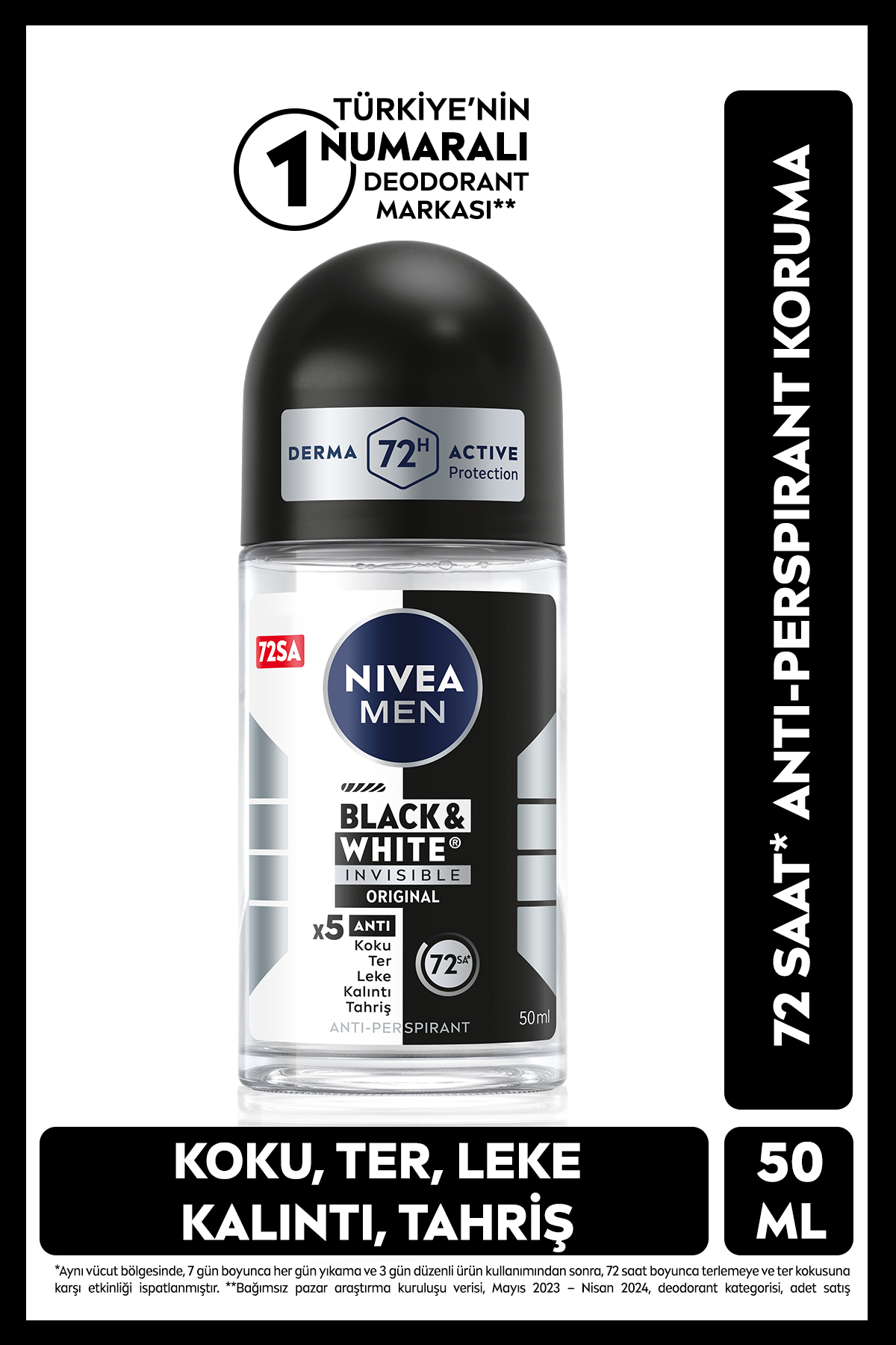 NIVEA MEN Erkek Roll on Deodorant Black&White Invisible Original 50 ml,72 Saat Anti Perspirant Koruma