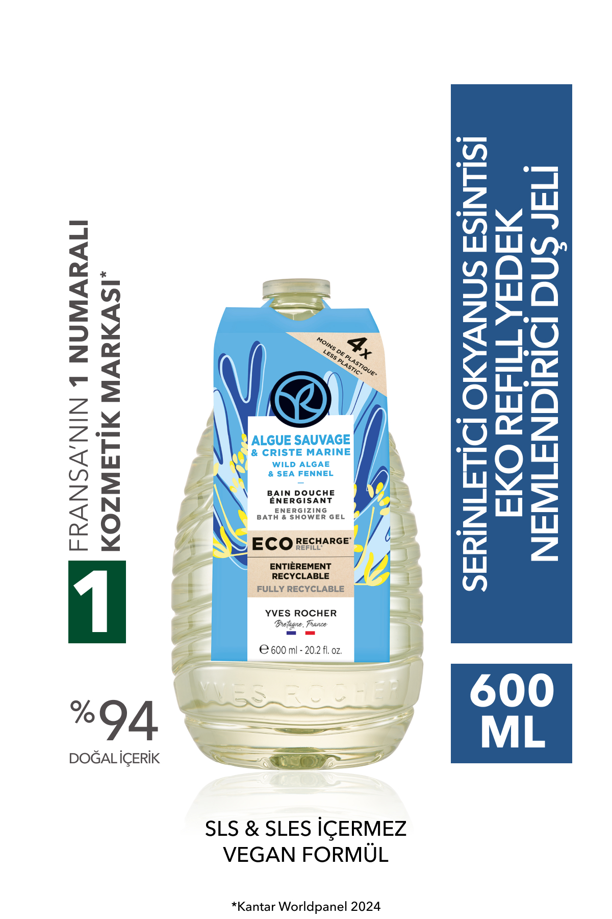 Yves Rocher Eko Refill Yedek Duş Jeli-Nemlendirici Serinletici Okyanus Esintisi- SLS,SLES İçermez,Vegan- 600ml