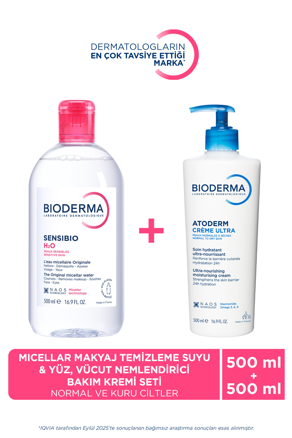 Bioderma Atoderm Normal Ve Kuru Ciltler Nemlendirici Yüz Vücut Bakım Kremi 500 ml Ve Sensibio Misel Su 500 ml